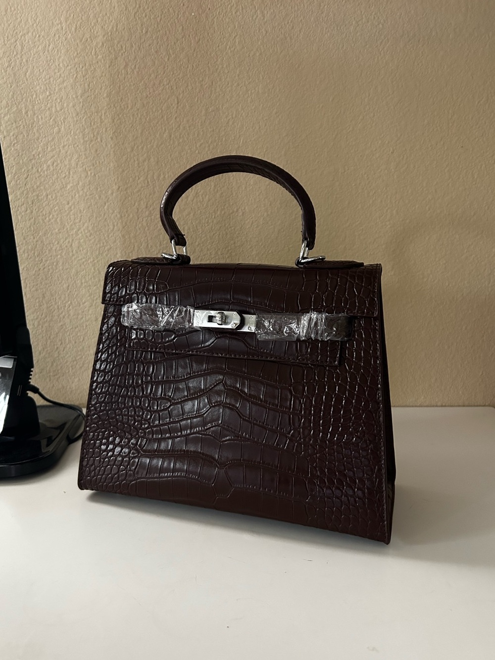 25cm Silver on Ebene Croc-Embossed Top Handle Bag